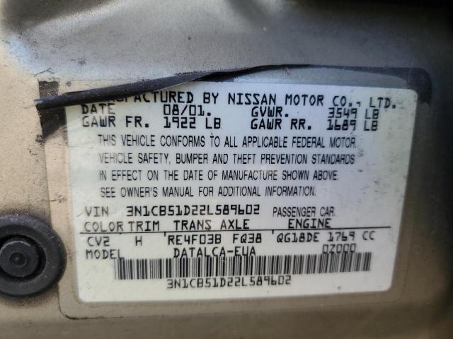 3N1CB51D22L589602 - 2002 NISSAN SENTRA XE GOLD photo 12