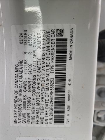 2HGFE2F50RH568253 - 2024 HONDA CIVIC SPORT WHITE photo 12