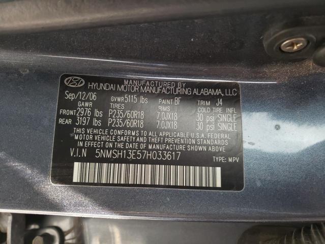 5NMSH13E57H033617 - 2007 HYUNDAI SANTA FE SE BLUE photo 13