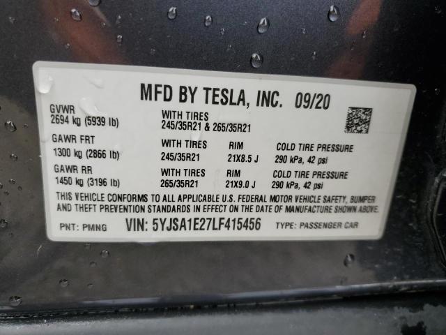 5YJSA1E27LF415456 - 2020 TESLA MODEL S GRAY photo 12