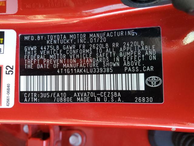 4T1G11AK4LU339385 - 2020 TOYOTA CAMRY SE RED photo 12