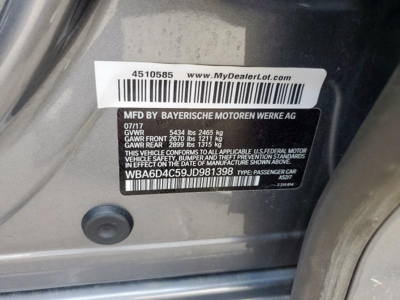 WBA6D4C59JD981398 - 2018 BMW 650 I GRAN COUPE GRAY photo 13