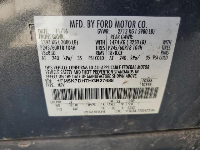 1FM5K7DH7HGB27688 - 2017 FORD EXPLORER XLT GRAY photo 13