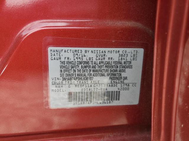 3N1AB7AP3HL636187 - 2017 NISSAN SENTRA S RED photo 12