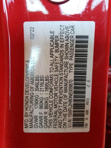 19XFL2H80NE009870 - 2022 HONDA CIVIC SPORT 红色 照片 13