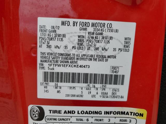 1FTFW1EFXCKE40473 - 2012 FORD F150 SUPERCREW RED photo 12