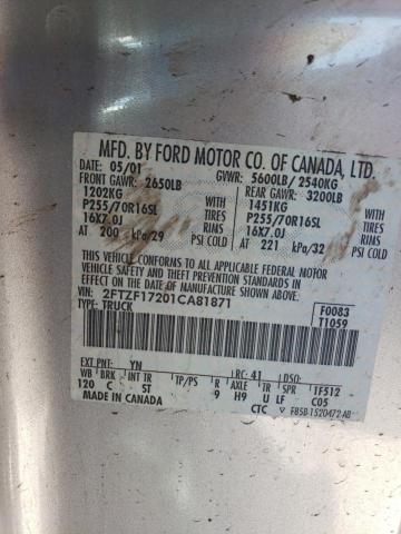 2FTZF17201CA81871 - 2001 FORD F150 SILVER photo 12