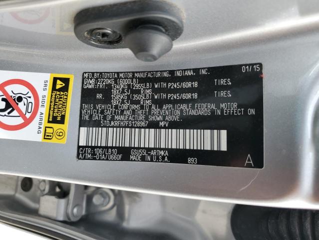 5TDJKRFH7FS128967 - 2015 TOYOTA HIGHLANDER XLE Silber Foto 12