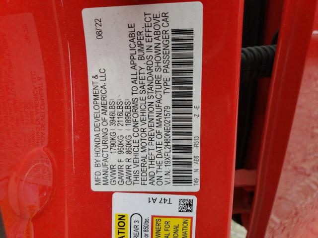 19XFL2H80NE021579 - 2022 HONDA CIVIC SPORT 红色 照片 12