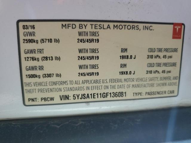 5YJSA1E11GF136081 - 2016 TESLA MODEL S WHITE photo 13