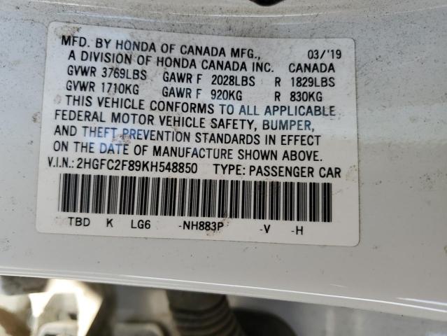 2HGFC2F89KH548850 - 2019 HONDA CIVIC SPORT 白色 照片 12