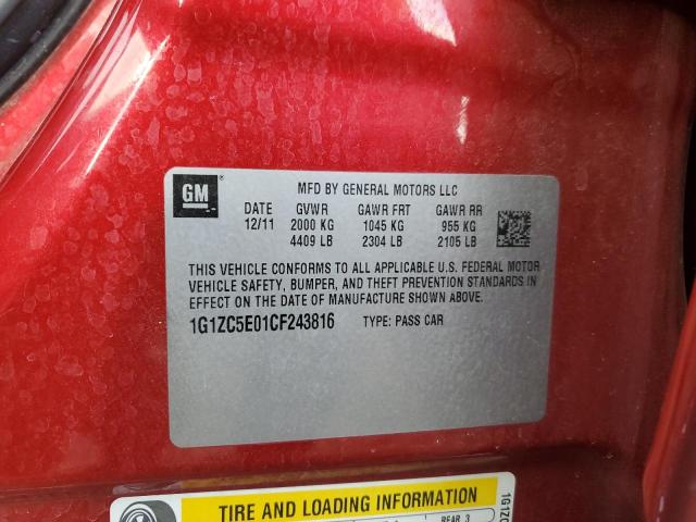 1G1ZC5E01CF243816 - 2012 CHEVROLET MALIBU 1LT RED photo 12