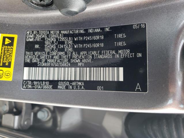 5TDKKRFH7GS156824 - 2016 TOYOTA HIGHLANDER XLE GRAY photo 13