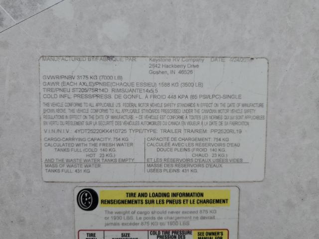 4YDT25220KK410725 - 2019 KEYSTONE PASSPORT CREAM photo 10
