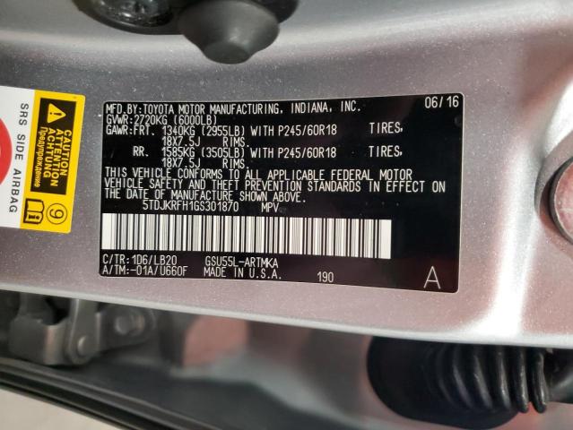 5TDJKRFH1GS301870 - 2016 TOYOTA HIGHLANDER XLE 银色 照片 14