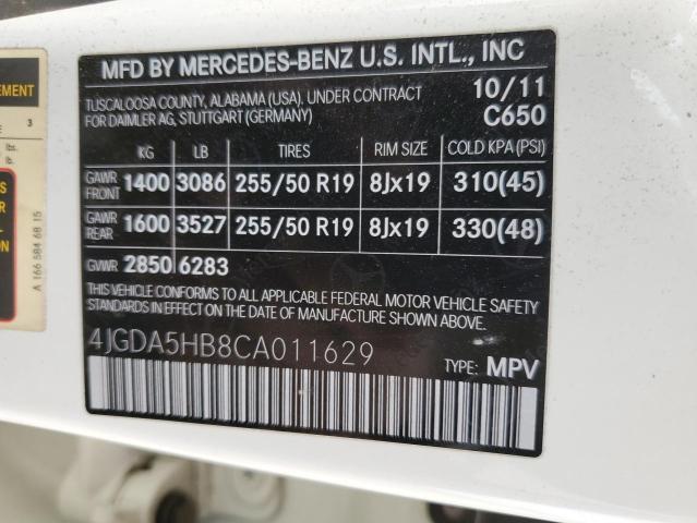 4JGDA5HB8CA011629 - 2012 MERCEDES-BENZ ML 350 4MATIC WHITE photo 13