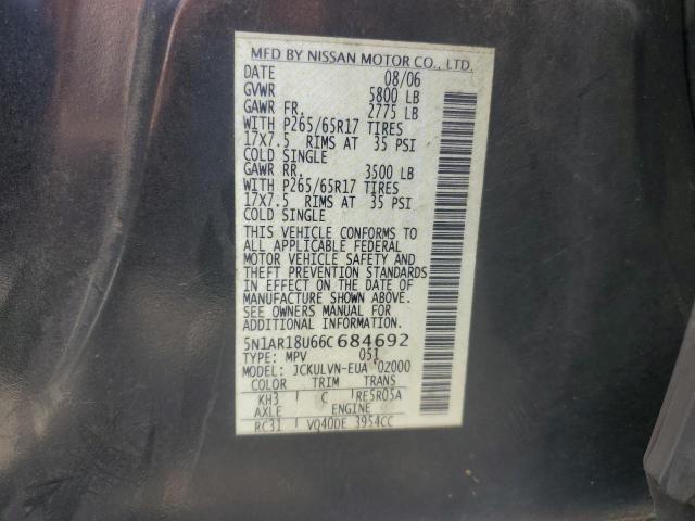 5N1AR18U66C684692 - 2006 NISSAN PATHFINDER LE BLACK photo 12