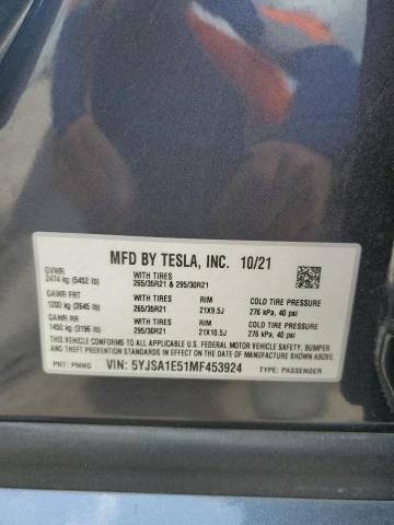 5YJSA1E51MF453924 - 2021 TESLA MODEL S GRAY photo 12