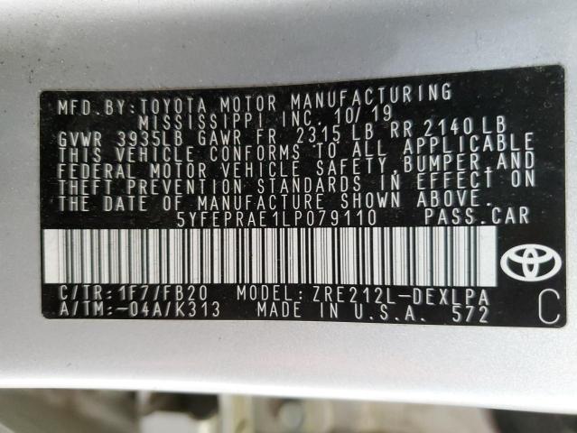 5YFEPRAE1LP079110 - 2020 TOYOTA COROLLA LE Сріблястий фото 12