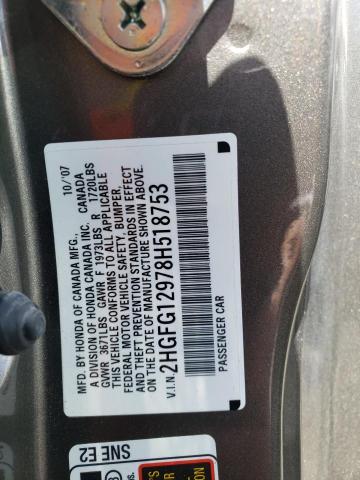 2HGFG12978H518753 - 2008 HONDA CIVIC EXL 灰色 照片 12