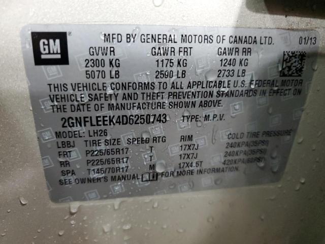 2GNFLEEK4D6250743 - 2013 CHEVROLET EQUINOX LT BEIGE photo 12