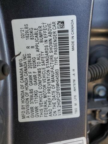 2HGFC2F65MH545963 - 2021 HONDA CIVIC LX GRAY photo 12