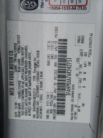 3FAHP0JA7AR242751 - 2010 FORD FUSION SEL SILVER photo 12