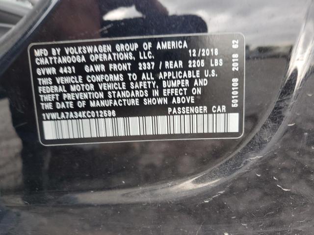 1VWLA7A34KC012596 - 2019 VOLKSWAGEN PASSAT WOLFSBURG BLACK photo 12