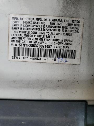 5FNYF28637B021457 - 2007 HONDA PILOT EXL WHITE photo 14