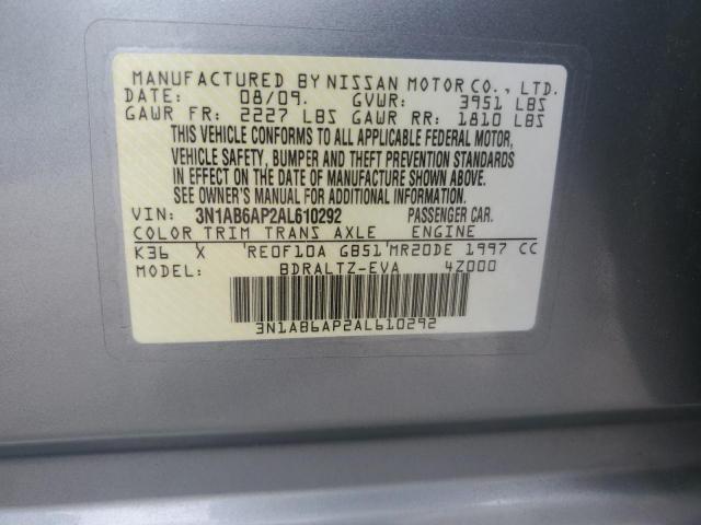 3N1AB6AP2AL610292 - 2010 NISSAN SENTRA 2.0 GRAY photo 12