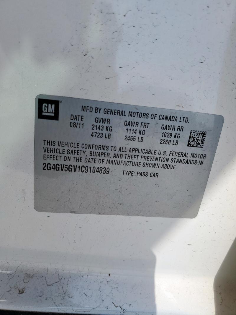 2G4GV5GV1C9104839 - 2012 BUICK REGAL GS WHITE photo 12