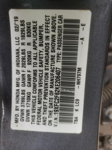 19XFC2F62KE206407 - 2019 HONDA CIVIC LX GRAY photo 13