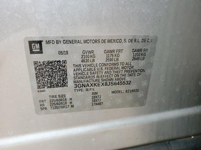 3GNAXKEX8JS645532 - 2018 CHEVROLET EQUINOX LT 银色 照片 12