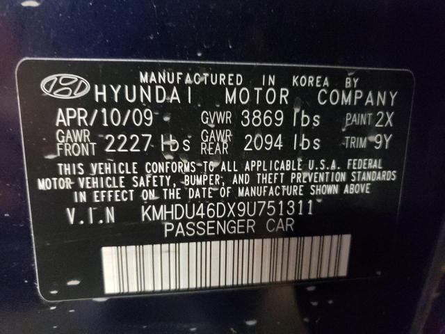 KMHDU46DX9U751311 - 2009 HYUNDAI ELANTRA GLS BLUE photo 12