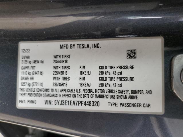 5YJ3E1EA7PF448320 - 2023 TESLA MODEL 3 GRAY photo 12