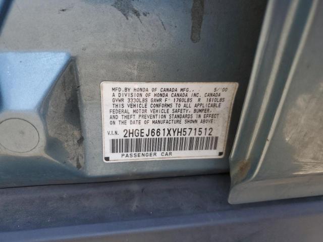 2HGEJ661XYH571512 - 2000 HONDA CIVIC BASE BLUE photo 12