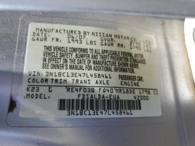 3N1BC13E47L458461 - 2007 NISSAN VERSA S SILVER photo 12