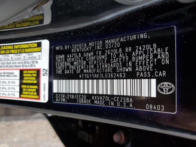 4T1G11AK3LU362463 - 2020 TOYOTA CAMRY SE BLACK photo 12