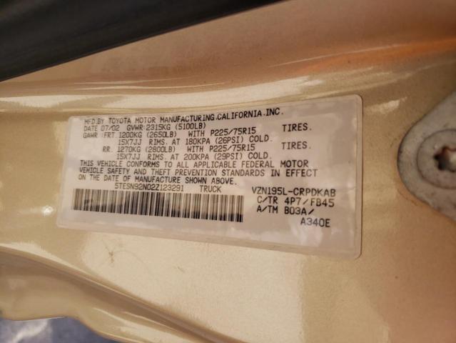 5TESN92N02Z123291 - 2002 TOYOTA TACOMA XTRACAB PRERUNNER ოქროსფერი ფოტო 12
