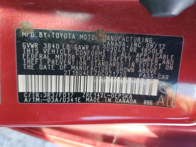 2T1BU4EE7DC921720 - 2013 TOYOTA COROLLA BASE RED photo 12