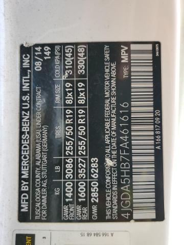 4JGDA5HB7FA461616 - 2015 MERCEDES-BENZ ML 350 4MATIC WHITE photo 13