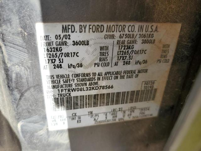 1FTRW08L32KD78566 - 2002 FORD F150 SUPERCREW GRAY photo 12