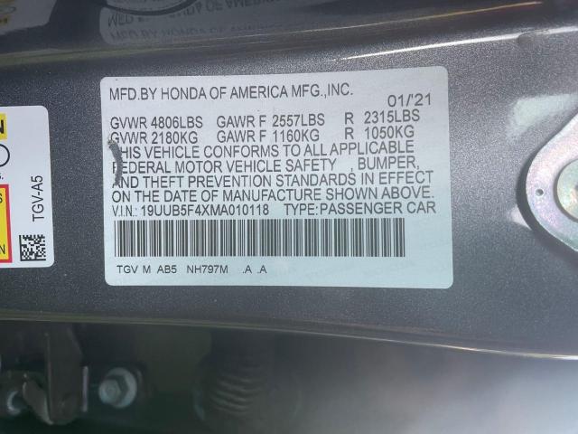 19UUB5F4XMA010118 - 2021 ACURA TLX TECHNOLOGY GRAY photo 10