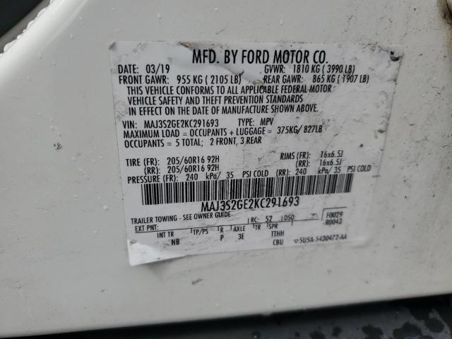 MAJ3S2GE2KC291693 - 2019 FORD ECOSPORT SE თეთრი ფოტო 12