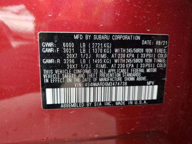 4S4WMARD6M3474738 - 2021 SUBARU ASCENT TOURING RED photo 13