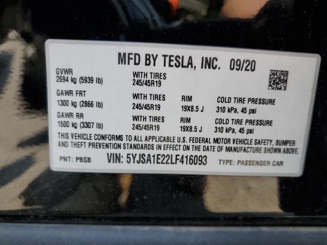 5YJSA1E22LF416093 - 2020 TESLA MODEL S Սև լուսանկար 13