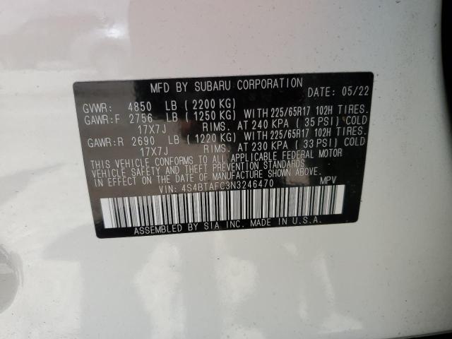 4S4BTAFC3N3246470 - 2022 SUBARU OUTBACK PREMIUM WHITE photo 14