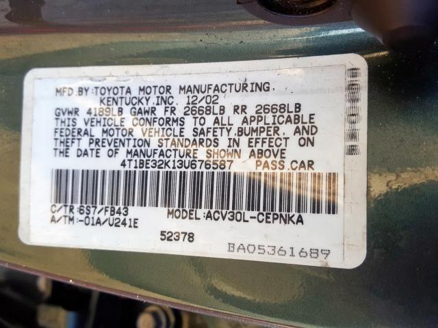 4T1BE32K13U676587 - 2003 TOYOTA CAMRY LE  photo 10