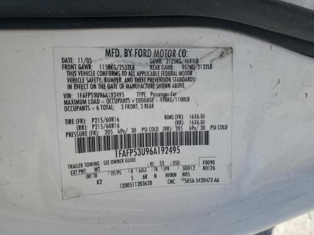 1FAFP53U96A192495 - 2006 FORD TAURUS SE WHITE photo 12