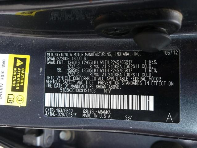 5TDBK3EH0CS151103 - 2012 TOYOTA HIGHLANDER BASE Gris photo 10